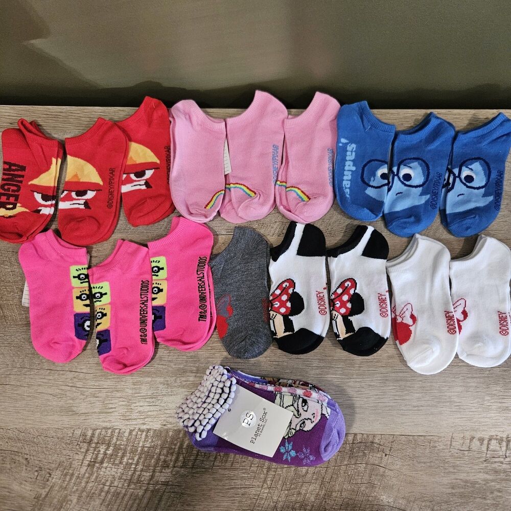 Girl Socks *SAMPLES* 20 Pairs Size 6-8 years Disney Frozen Minnie Inside Out